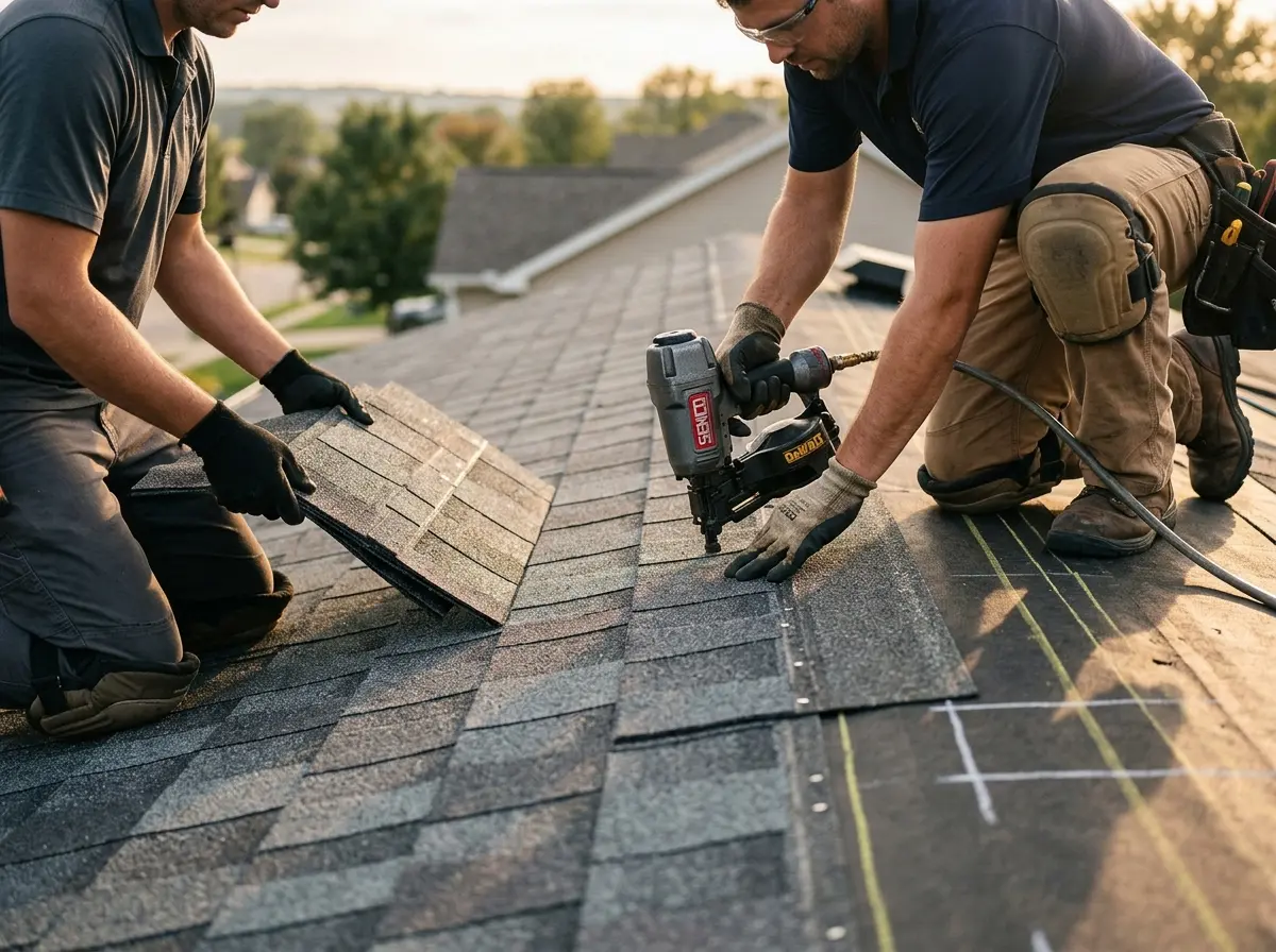 Professional roofer working on a residential roof in Newton